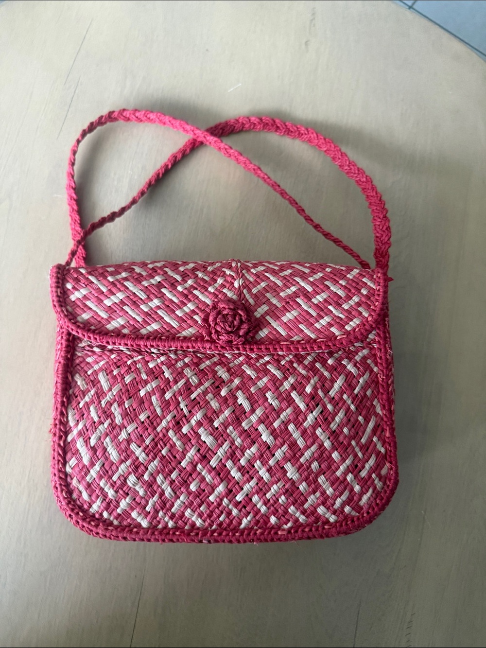 Woven Pink Shoulder Bag - Handcrafted Straw Crossbody